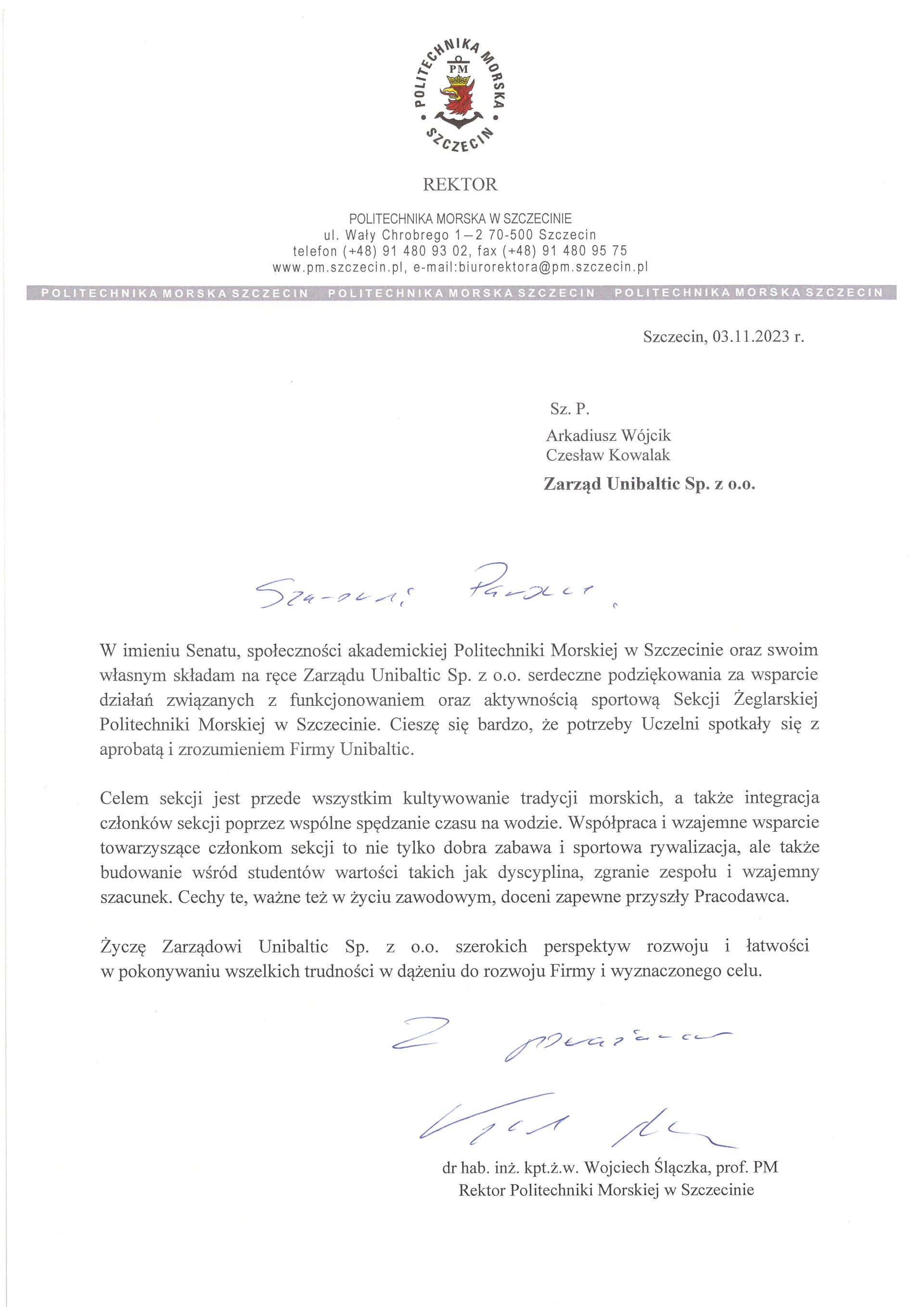 Podziękowania za wsparcie sportowej Sekcji Żeglarskiej Politechniki Morskiej w Szczecinie